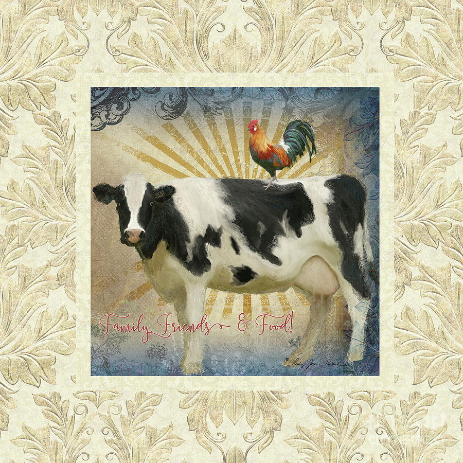 Farm Fresh Damask Milk Cow Red Rooster Sunburst Family n Friends Painting by Audrey Jeanne Roberts