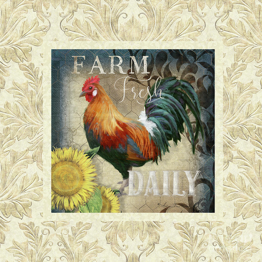 Farm Fresh Damask Red Rooster Sunflower Painting by Audrey Jeanne Roberts