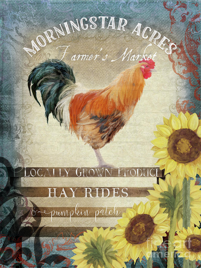 Animal Painting - Farm Fresh Morning Rooster Sunflowers Farmhouse Country Chic by Audrey Jeanne Roberts