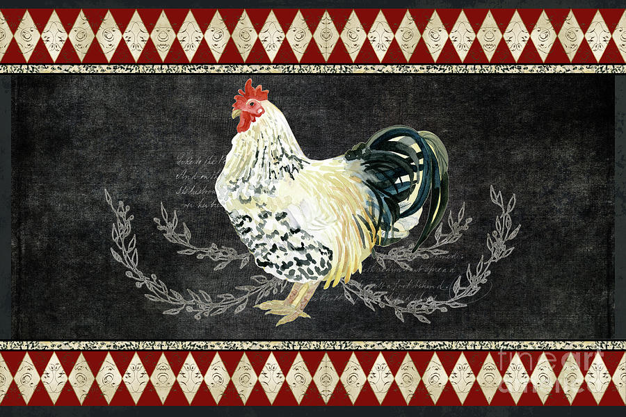 Farm Fresh Rooster 3 - On Chalkboard w Diamond Pattern Border Painting by Audrey Jeanne Roberts