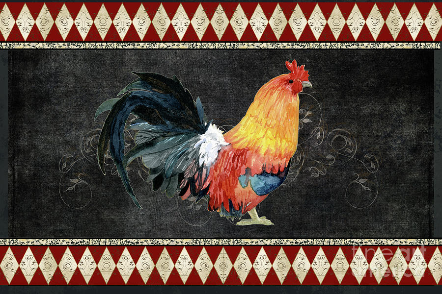 Farm Fresh Rooster 4 - On Chalkboard w Diamond Pattern Border Painting by Audrey Jeanne Roberts