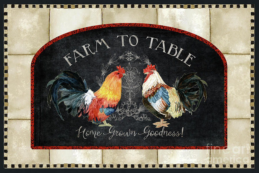 Farm Fresh Roosters 2 - Farm to Table Chalkboard Painting by Audrey Jeanne Roberts