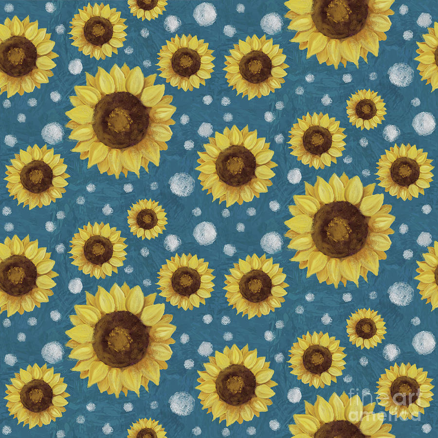 Farm Fresh Sunflower Blue Dot Circle Toss Pattern Painting by Audrey Jeanne Roberts