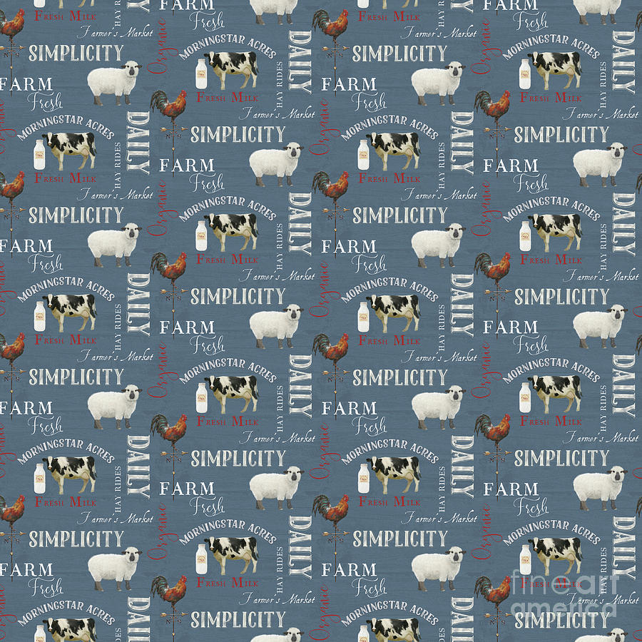 Farm Fresh Typography Country Cow Sheep Rooster Milk Blue Pattern Painting by Audrey Jeanne Roberts