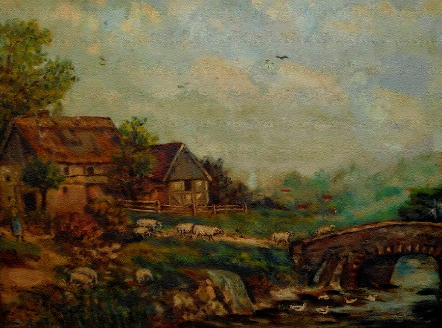 Farm Scene Near A Small Bridge H B Painting