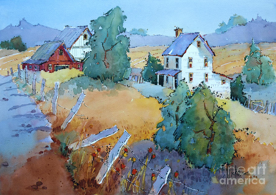 Farm with Blue Roof Tops Painting by Joyce Hicks