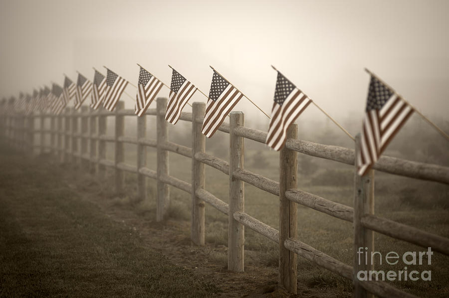Farm With Fence And American Flags Photograph by Jim Corwin
