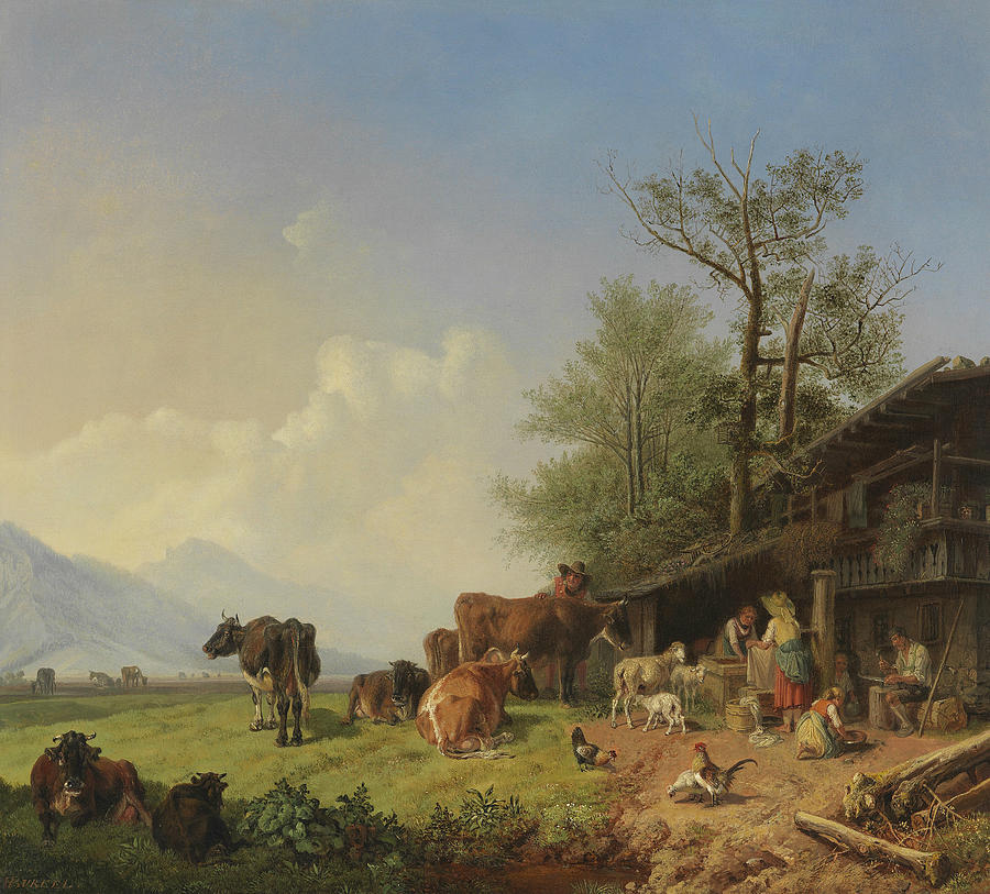 Farm with fountain, circa 1850 Painting by Heinrich Burkel