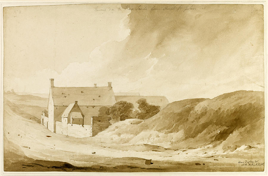 Farme de la Haie Sainte from Mount St. John. Nine landscapes from the field of the Battle of Waterlo Drawing by Denis Dighton