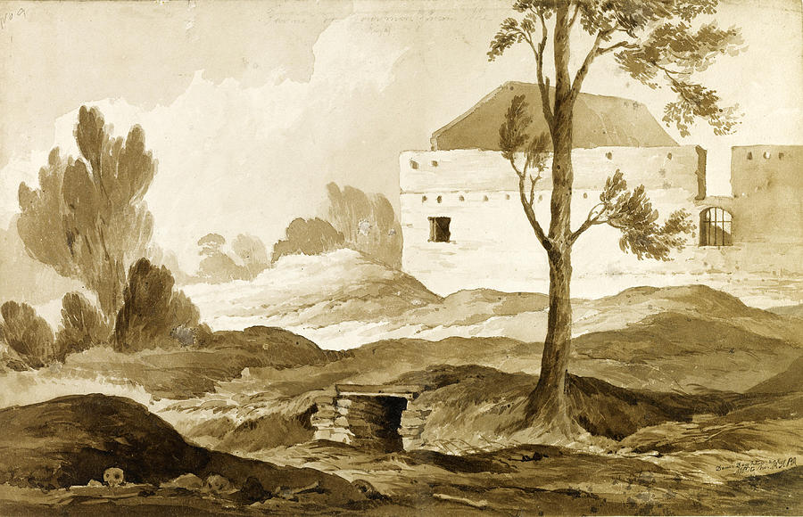 Farme du Gourman from the Right. Nine landscapes from the field of the Battle of Waterloo  Drawing by Denis Dighton