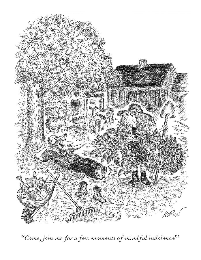 Farmer breaks and takes his shoes off. Drawing by Edward Koren
