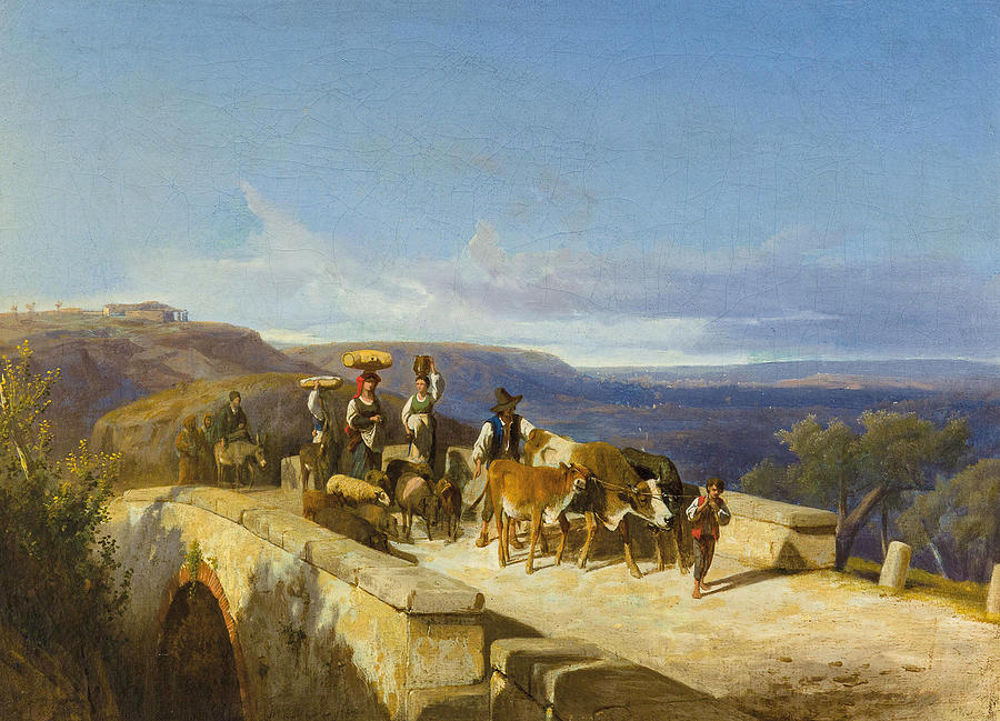 Farmers Crossing a Stone Bridge Painting by Andras Marko