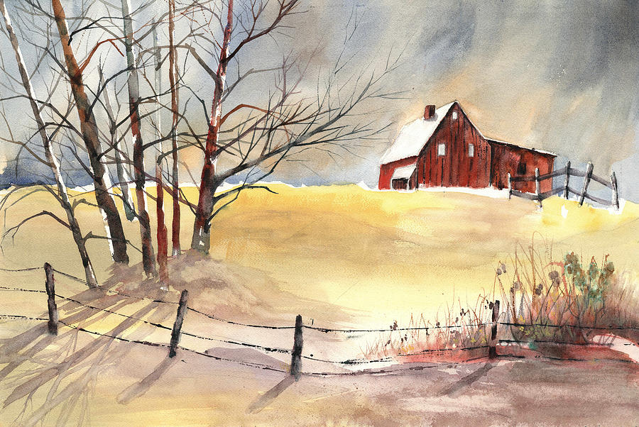 Farmhouse Painting - Farmhouse bathed in Winter Sun by Carol Helene