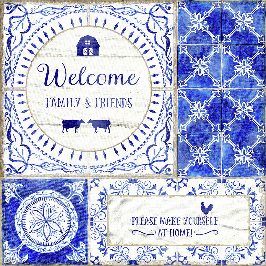 Farmhouse Blue and White Tile 1 - Welcome Family and Friends Painting by Audrey Jeanne Roberts