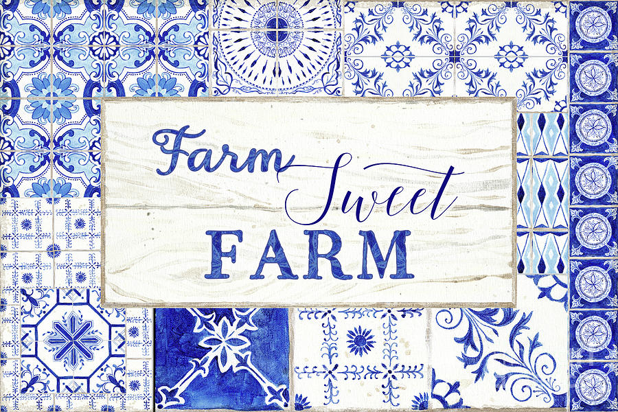 Farmhouse Blue and White Tile 5 - Farm Sweet Farm Painting by Audrey Jeanne Roberts