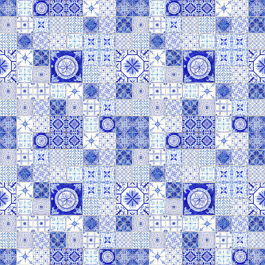 Farmhouse Blue and White Tile Pattern 1 - Patchwork Vintage Tile Painting by Audrey Jeanne Roberts