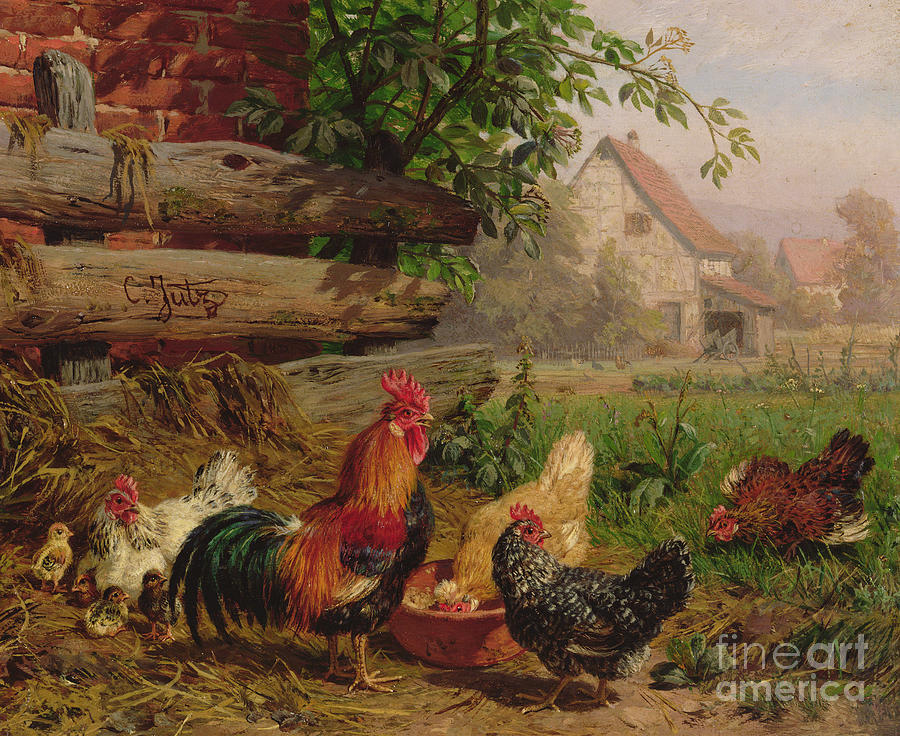Farmyard Chickens Painting by Carl Jutz