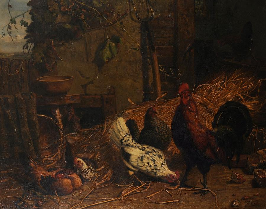 Farmyard scene with chickens and a rooster Painting by DuBois