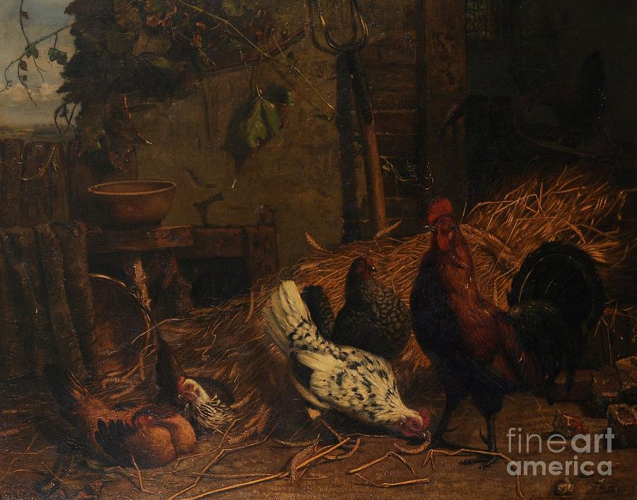 Hens Painting - Farmyard scene with chickens and a rooster by MotionAge Designs