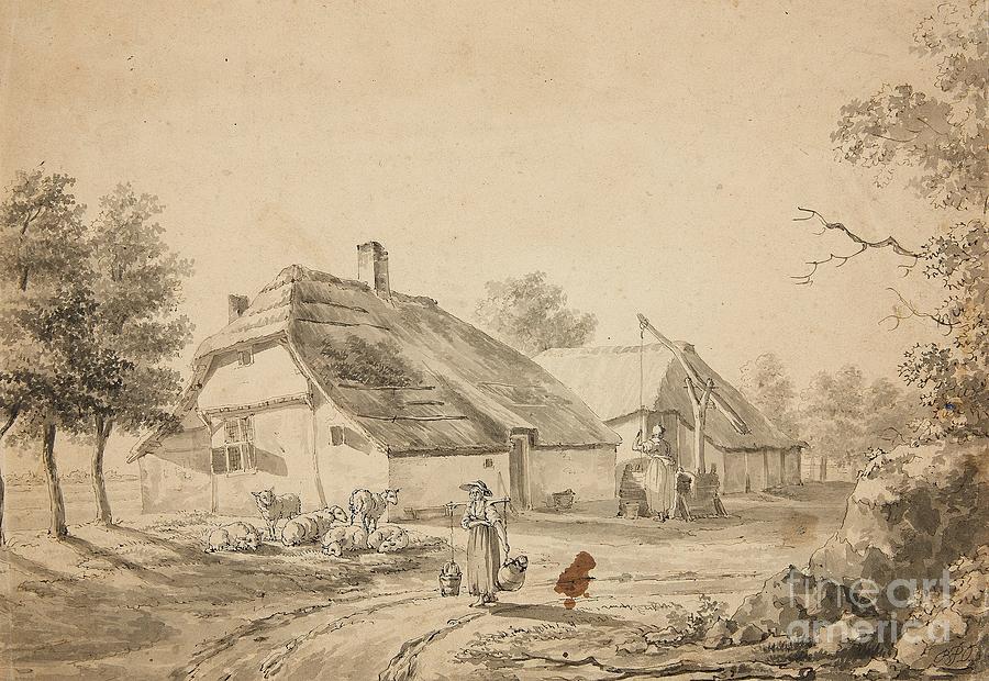 Farmyard with a Woman Carrying Water and a Flock of Sheep Painting by Celestial Images