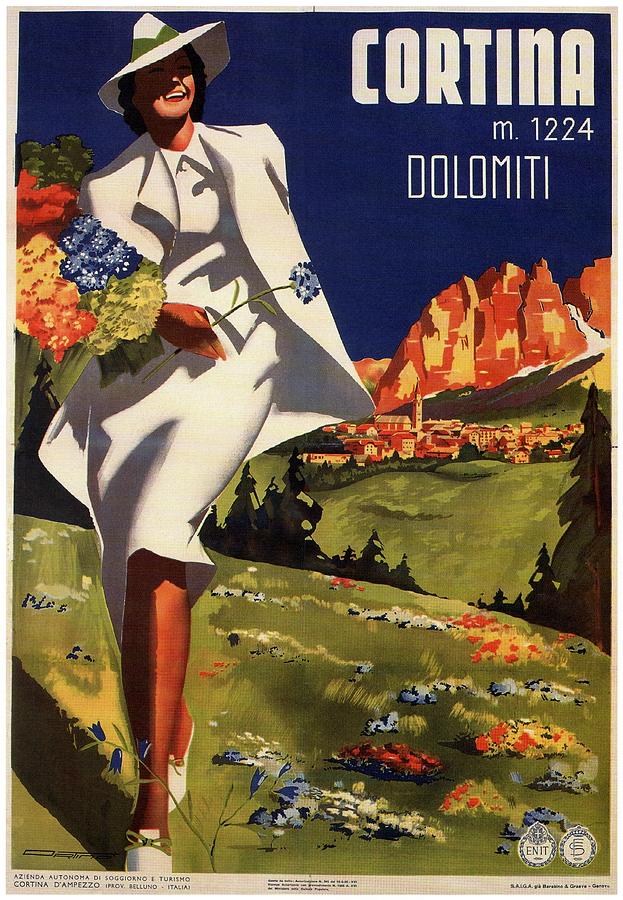 Fashionable woman in a white dress in Cortina Italy - Vintage Travel Poster  - Landscape Illustration Painting by Studio Grafiikka - Pixels