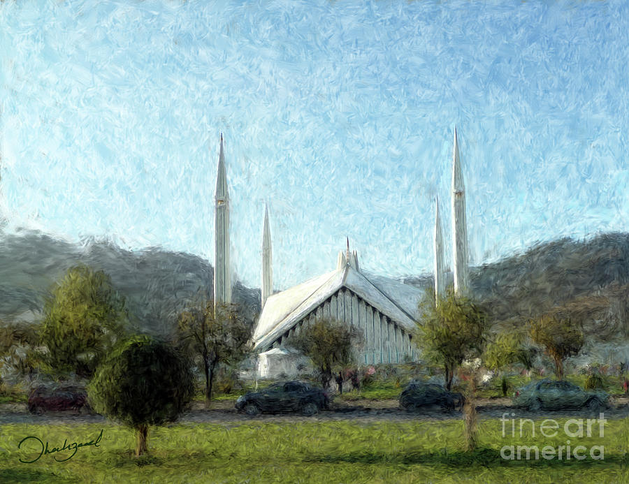 Fasil Mosque Islamabad Painting by Shahzad Hamid