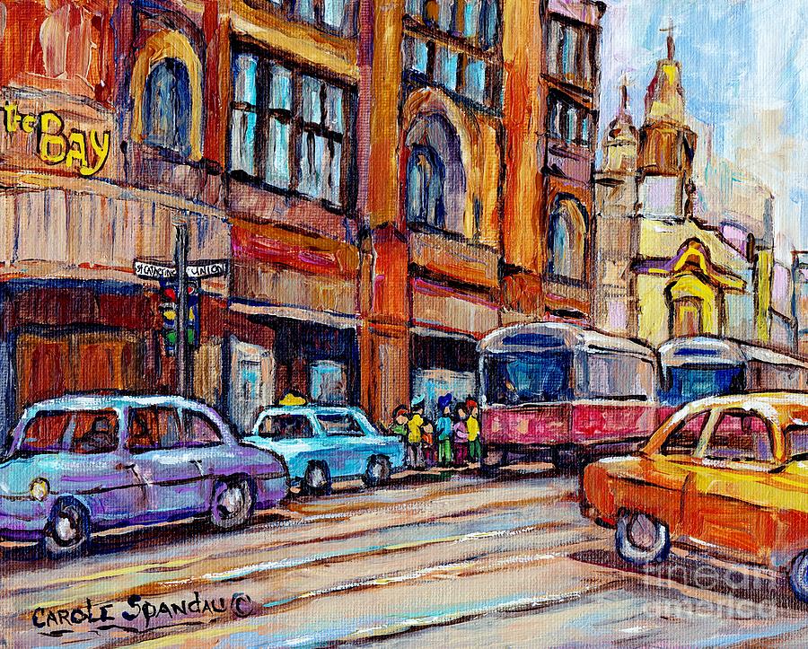  Tram Streetcars At The Bay Downtown Montreal Vintage Paintings For Sale C Spandau City Scene Artist Painting by Carole Spandau