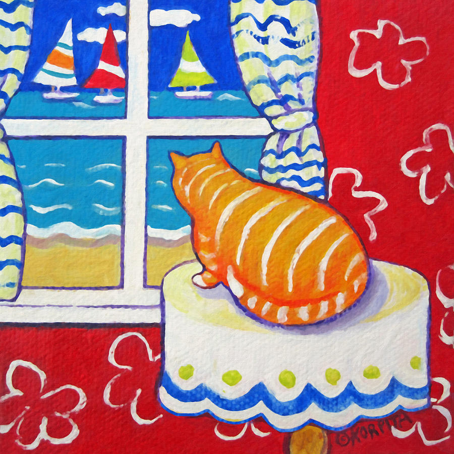 Fat Orange Tabby Cat Window Seashore Sailboats  Painting by Rebecca Korpita
