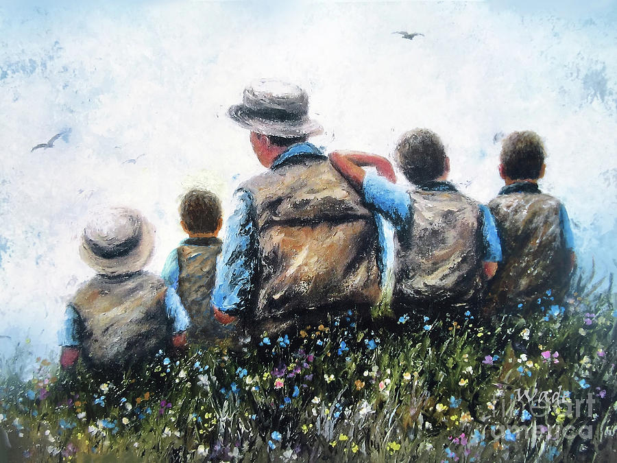 Father and Four Sons Talking Painting by Vickie Wade