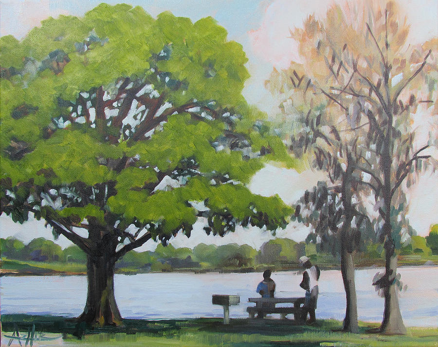 Fish Painting - Father And Son Fishing At Morse Reservoir by Azhir Fine Art Fish Painting - Father And Son Fishing At Morse Reservoir by Azhir Fine Art