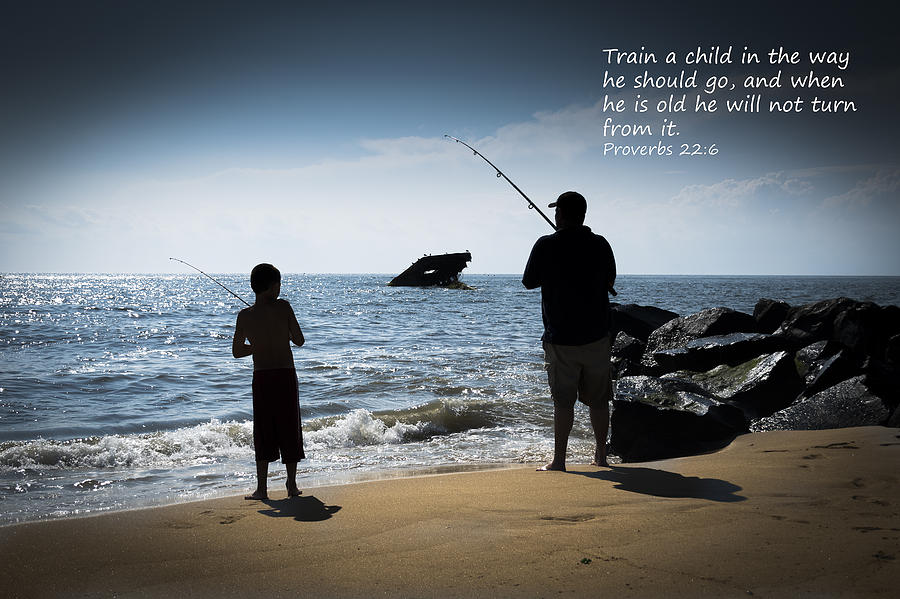 Father and Son Fishing at Sunset Beach - Inspirational Bible Verse by John  Prause