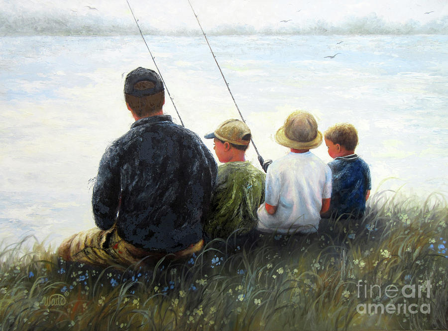 Father and Three Sons Fishing Painting by Vickie Wade