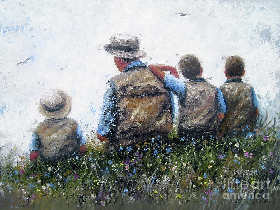 Father Painting - Father and Three Sons Talking by Vickie Wade