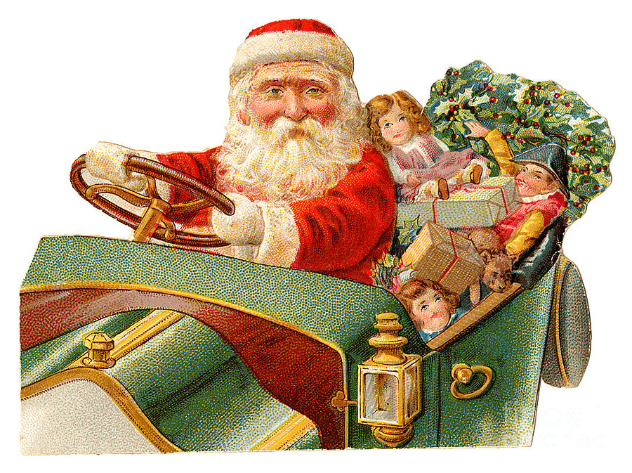 Father Christmas AKA Santa Claus delivering presents in his automobile early vintage poster Painting by Vintage Collectables