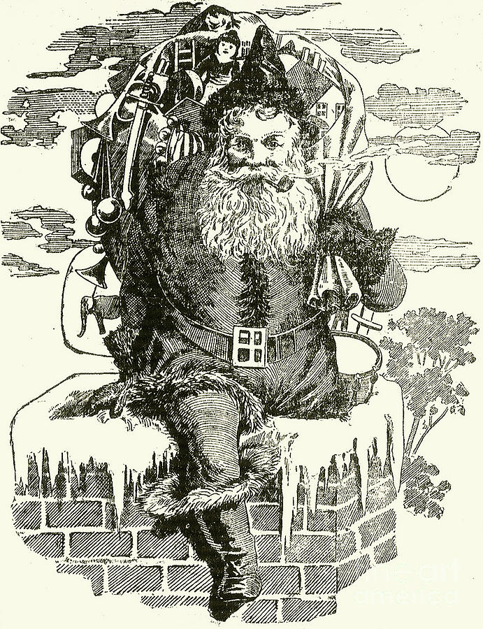 Toy Drawing - Father Christmas climbing down a chimney by French School