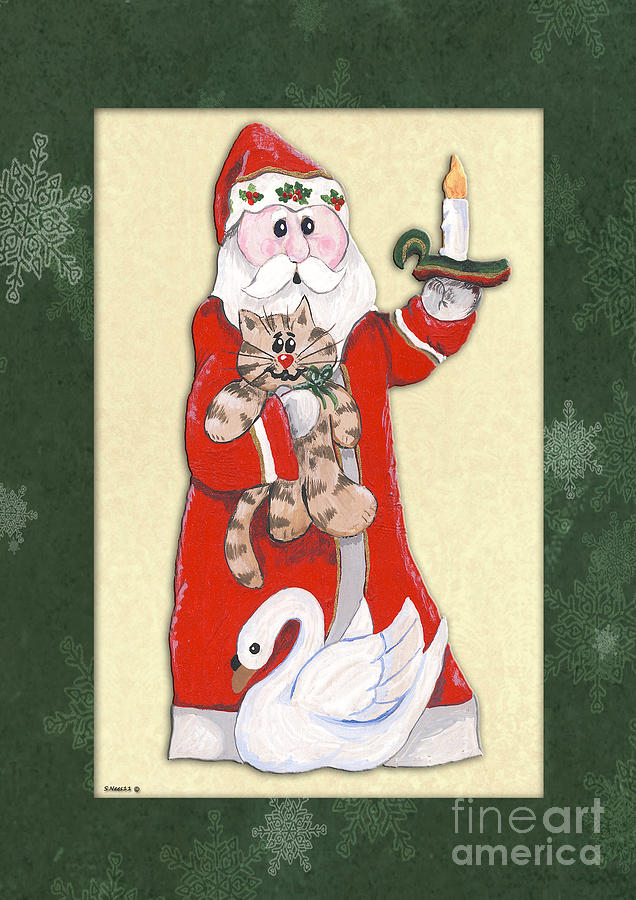 Father Christmas kitty and swan Painting by Shari Nees