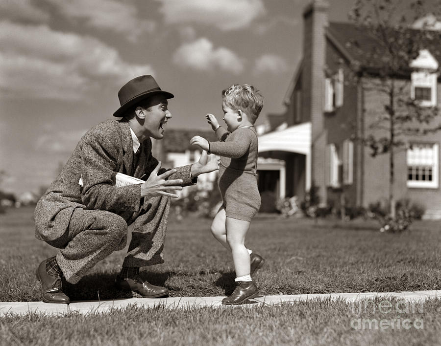 Father Greeting Son After Work, C.1940s Photograph by H. Armstrong Roberts/ClassicStock