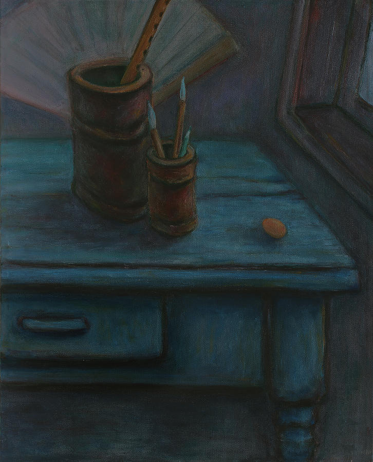 Father Made me a Blue Desk - Unfinished Still Life Painting by Xueling Zou