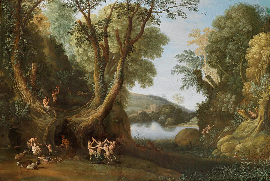 Fauns in a wooded landscape Painting by Paul Bril