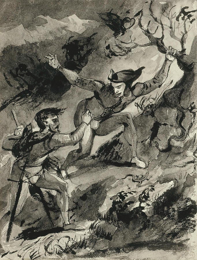 Faust and Mephistopheles on the Blocksberg Drawing by Eugene Delacroix