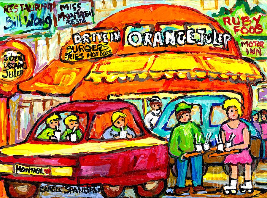 Favorite Dive-in Orange Julep Vintage Montreal Scene Roadside Attraction Art For Sale Carole Spandau Painting by Carole Spandau