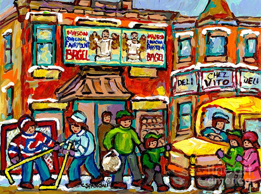 Favorite Montreal Bagel And Butcher Shops Rue Fairmount Winter Hockey Game Painting For Sale  Painting by Carole Spandau