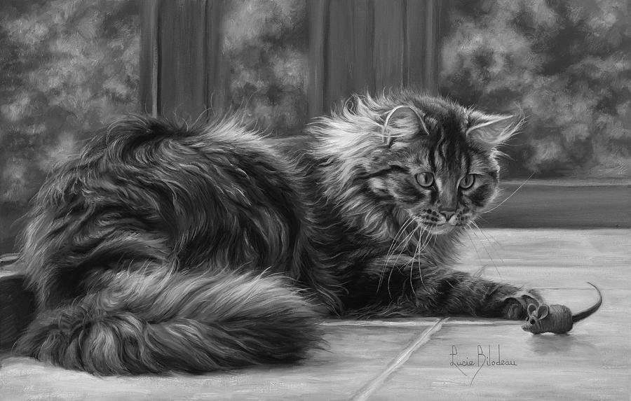 Cat Painting - Favorite Toy - Black and White by Lucie Bilodeau