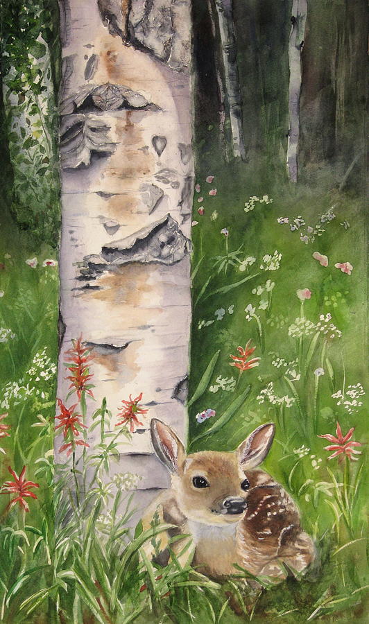 Fawn in Woods Painting by Patricia Pushaw