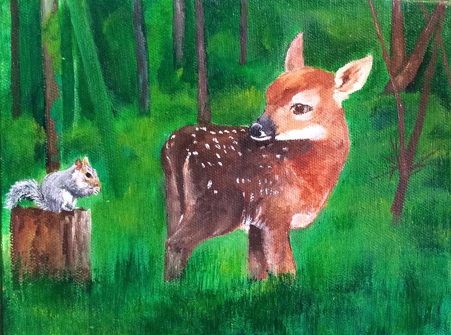 Fawn with squirrel Painting by Ellen Canfield