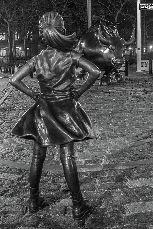 Black And White Photograph - Fearless Girl and Charging Bull NYC by John McGraw
