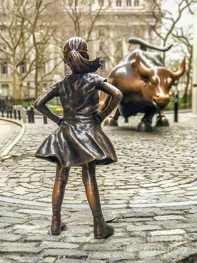 Vintage Fearless Girl And Wall Street Bull Statue Photograph by Doc Braham