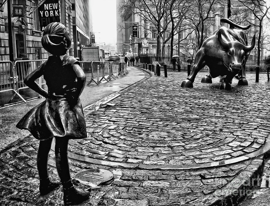 Fearless Photograph - Fearless Girl and Wall Street Bull Statues 3 BW by Nishanth Gopinathan Fearless Photograph - Fearless Girl and Wall Street Bull Statues 3 BW by Nishanth Gopinathan