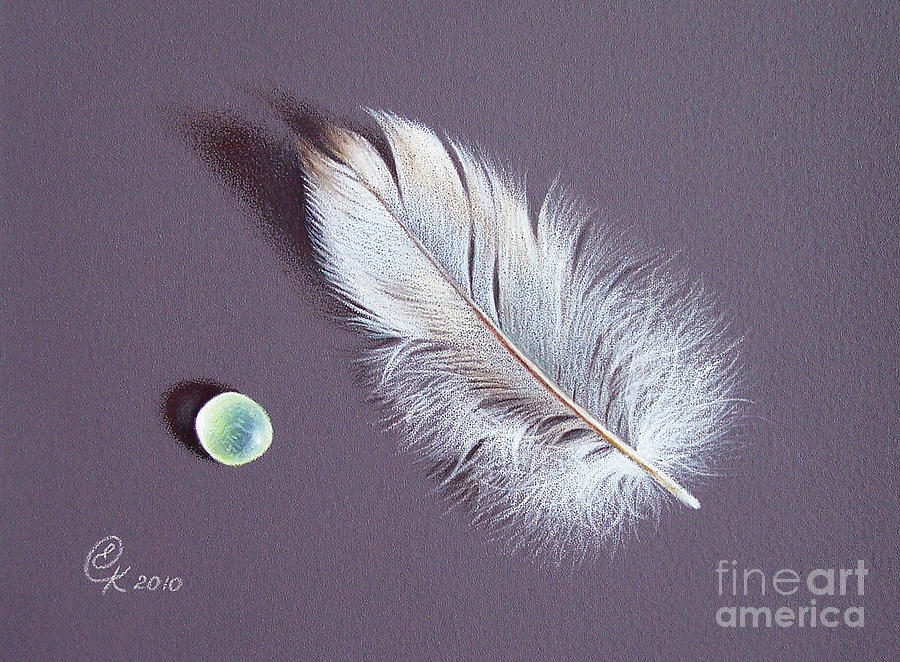 Still Life Drawing - Feather and sea glass 2 by Elena Kolotusha