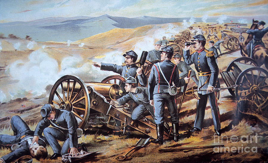 Landscape Painting - Federal field artillery in action during the American Civil War  by American School
